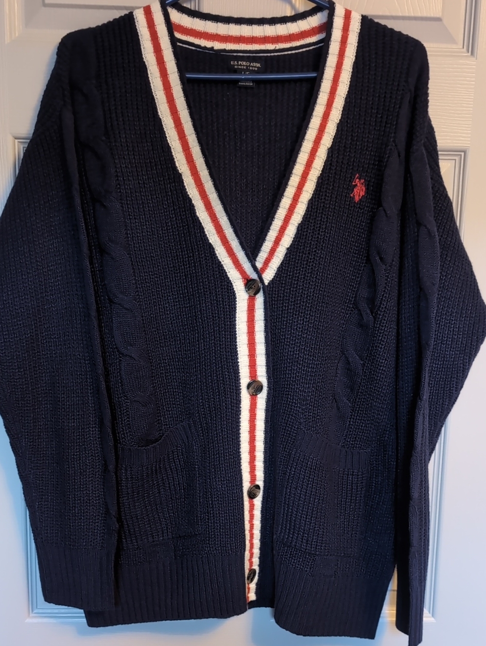 U.S. Polo Assn. Navy Cardigan with Red and White Trim